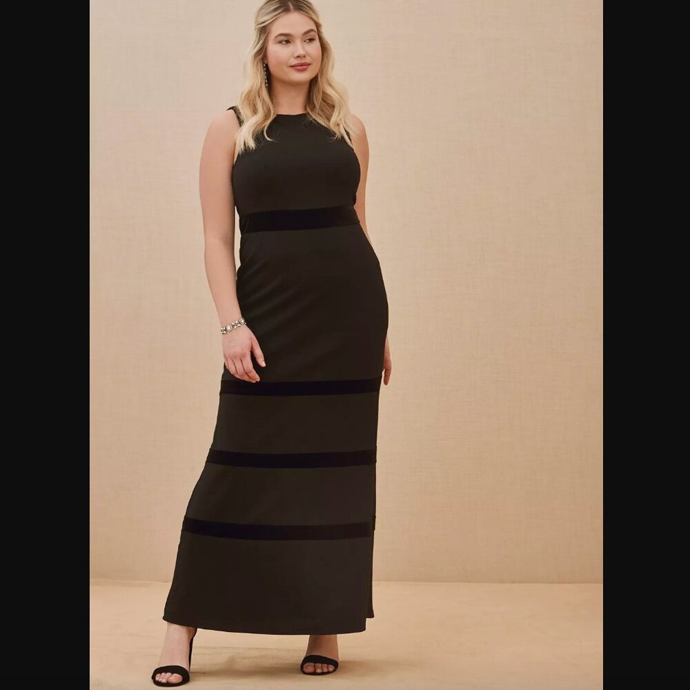 Torrid Special Occasion Black Crepe Scuba Knit & Velvet Stripe Gown